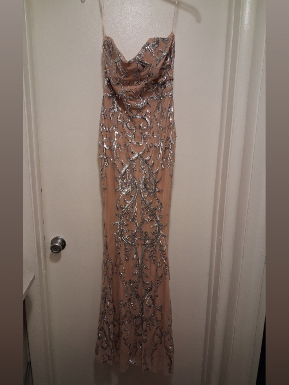 Nude Sleeveless Mermaid Dress with Silver Sequin Embellishment